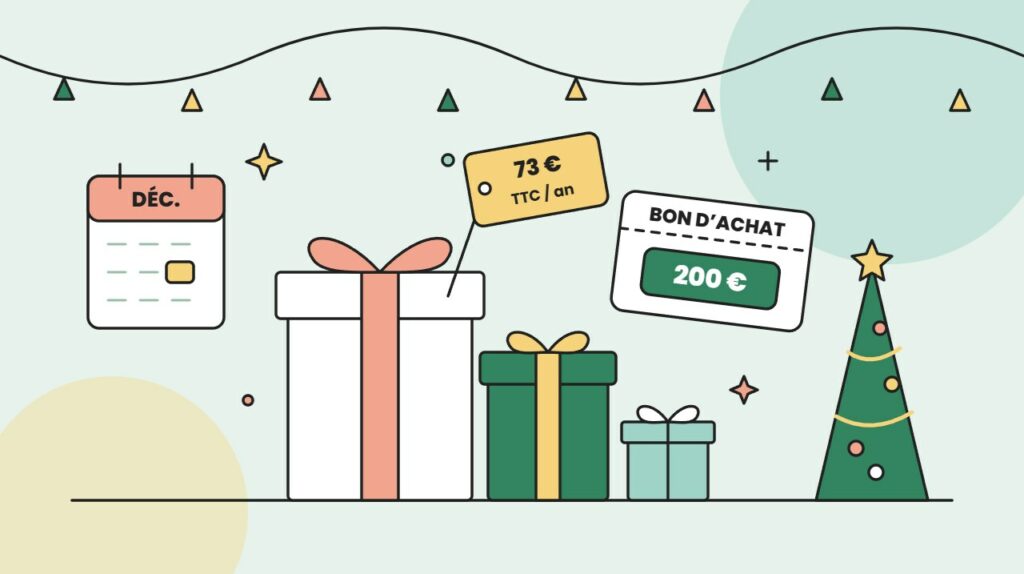 Illustration colorée : cadeaux d’entreprise de fin d’année, étiquette 73 € TTC par an et bon d’achat de 200 €