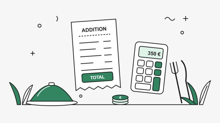 Honoraires d'un expert-comptable pour un restaurant : addition, calculatrice et cloche de service